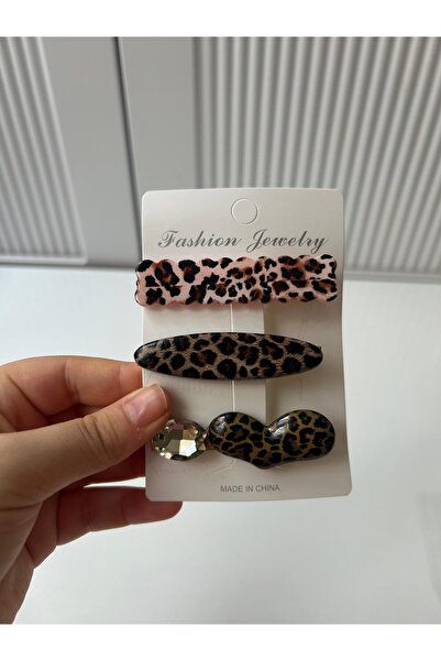 NehirBijuterii Leopar Desenli Taşlı 3’lü Saç Tokası Seti