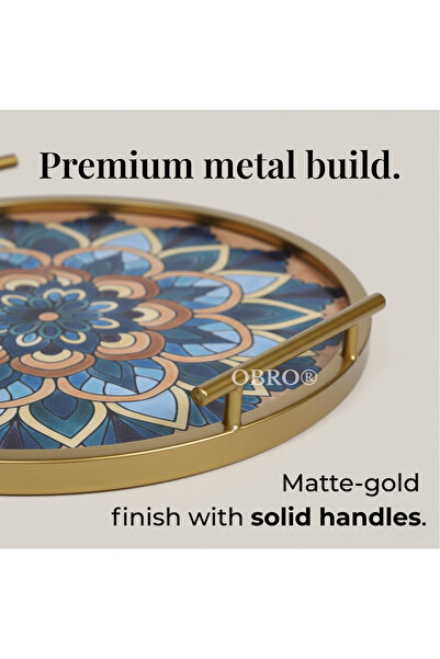 OBRO ® Round Gold Metal Tray with Handles – Blue Mandala Design, Elegant Décor & Serving, 35 cm