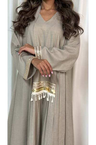 AYA mw1655-Indian Linen Abaya with Trim and Added Inner Dress