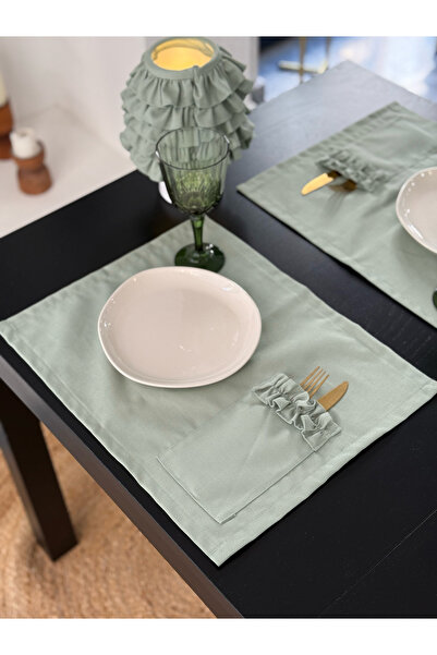 KaiAtelier طقم مائدة أمريكي/ صحن تقديم من الكتان بتفاصيل كشكشة وجيوب بنكهة النعناع، 4 قطع