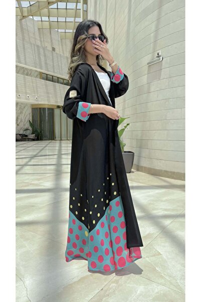 AYA عباية شيفون مطبوعة بلون أسود