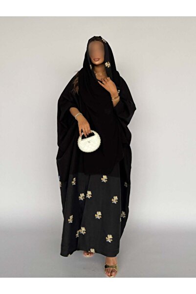 AYA بشت كتان أسود مع كريب أسود مطرز