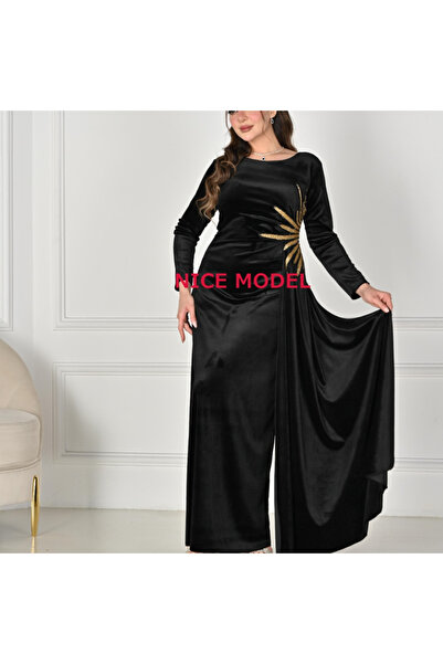 Nice Model فستان سهرة مخملي أسود مطرّز بتفاصيل ذهبية – تصميم راقٍ بأكمام طويلة