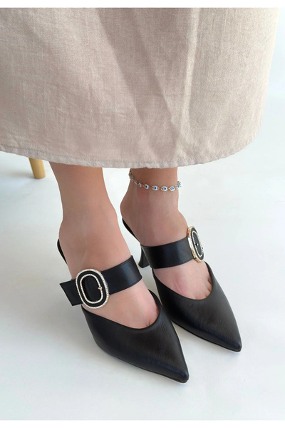 ALFA AKSESUAR 03 Yote Black Skin Heeled Slippers