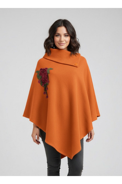 Hoodraze Orange Asymmetrical Cut Flower Detailed Poncho