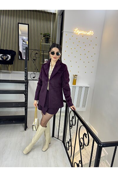 Butik Mürdüm mor süet kadife vatkalı blazer kemerli şortetek İKİLİ TAKIM