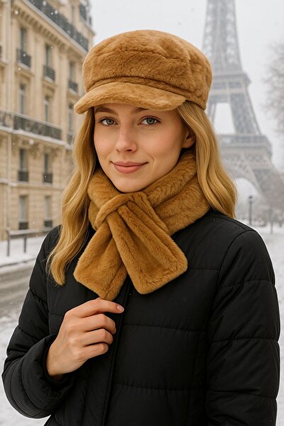 MARBERRY Camel Soft Textured Plush Women's Beanie Hat and Neck Warmer Set of 2