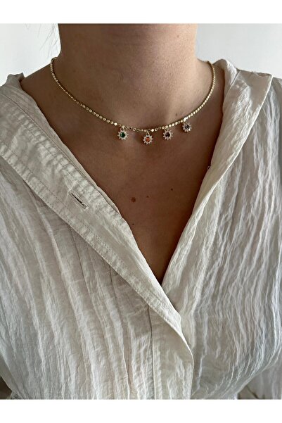 Charmist 14K Çelik Üzeri Altın Kaplama Renkli Zirkon Taşlı Ezme Zincir Kolye