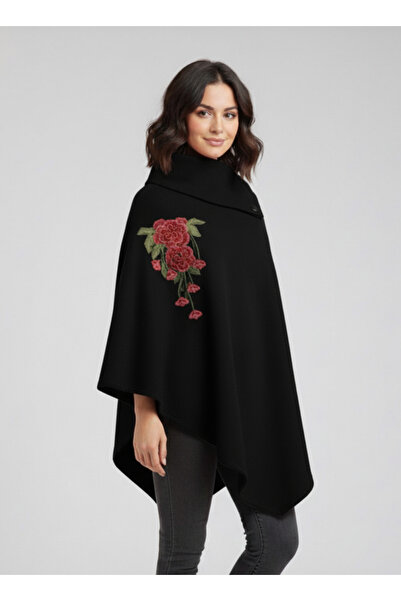 Hoodraze Black Asymmetrical Cut Flower Detailed Poncho
