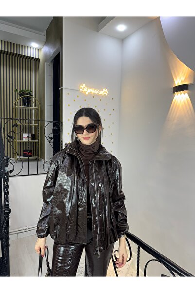 Butik Acı kahve Timsah krokodil desen parlak deri balon bel bomber çıtçıtlı f...