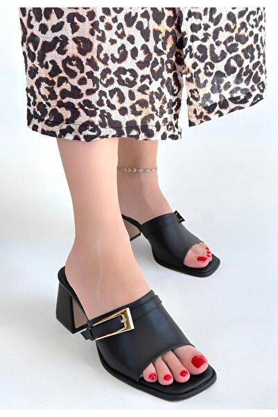 ALFA AKSESUAR 03 Ziva black leather high heel slippers