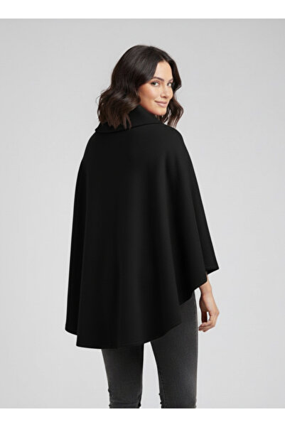 Hoodraze Black Asymmetrical Cut Flower Detailed Poncho