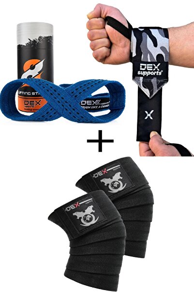 Dex Supports Sports Wristband Dark Wrist Wraps, 8 Loop Lifting Straps Blue, Sports Knee Pad Knee Wraps Legend Set of 3