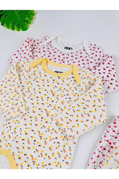 EFU BABY 4-Piece Floral Patterned 100% Cotton Flexible Ribbed Knit Baby Girl Set