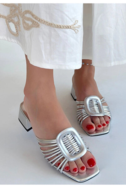 ALFA AKSESUAR 03 Anca Silver Patent Leather Heeled Slippers