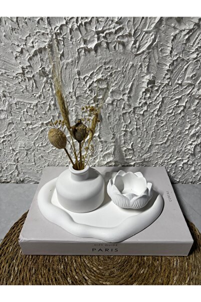 Zigzag Home Set decorativ de 3 bucăți de farfurie și vază pentru lumânări, design în stil boem, set de 3