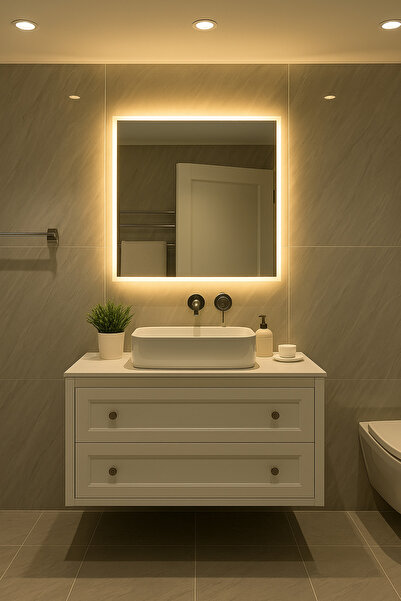 Digital Kare Işıklı Banyo Ayna (50-80cm). Renk Seçeneği: Gün Işığı (Açık Sarı)