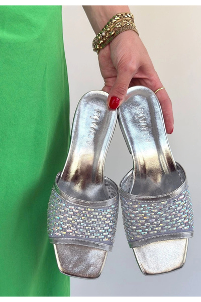 ALFA AKSESUAR 03 Silver skin embroidered slippers