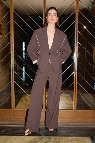 ossons Brown Satin Lining Sleeves Stylish Jacket Pants Two Piece Set