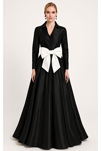 ALYEL NAKER Black American Satin Shirt Dress with White Belt