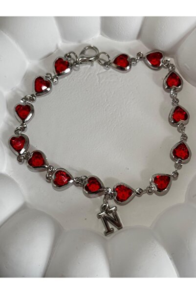 bijoux uniques سوار نسائي بحرف N على شكل قلب أحمر