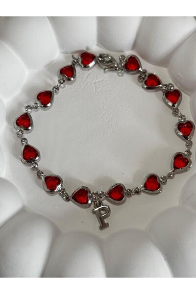 bijoux uniques سوار نسائي بحرف P على شكل قلب أحمر