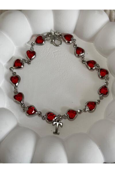 bijoux uniques سوار نسائي على شكل حرف T مع قلب أحمر