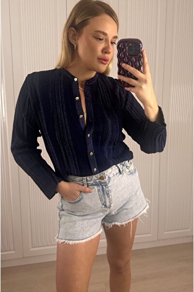 nizzell كارديجان نسائي منسوج رقيق من القطن الممرسر - أزرق داكن / أحمر كلاريت ...