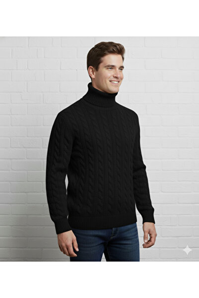 ModaBase Men's High-Necked, Braided, Turtleneck Sweater