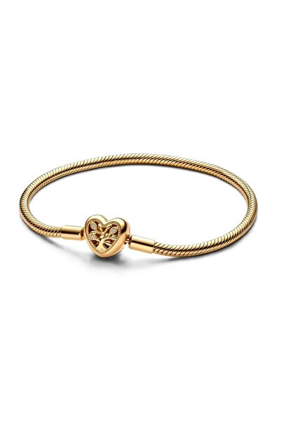 Pandora Women's Bracelet Family Tree Heart Clasp Snake Chain, 925 Silver, Gold, 20 cm