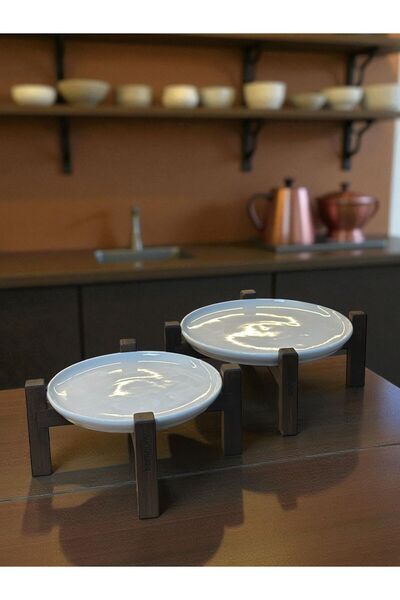 Bambum Alpina Set of 2 Black Bamboo Footed Ceramic Presentation Plates 17cm and 26cm, Serving Plate