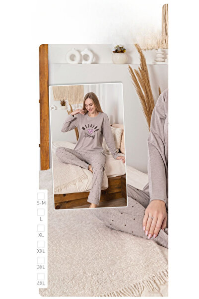 İpek Women's Long Sleeve Crew Neck Polka Dot Pattern Cotton Pajama Set