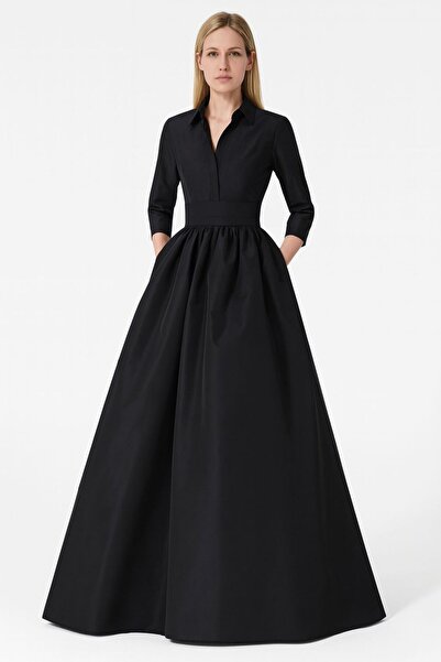 ALYEL NAKER فستان قميص أنيق من التفتا بطول ماكسي مع حزام وفتحة دائرية كاملة