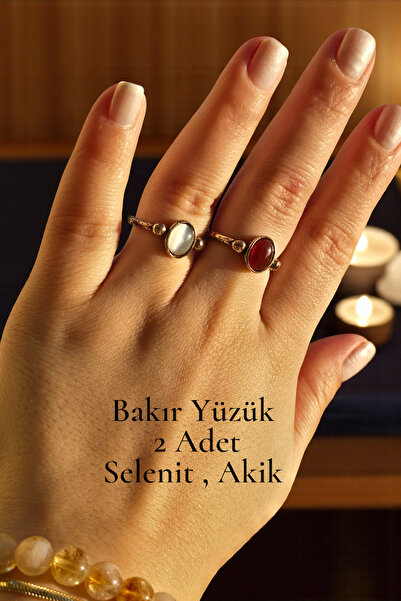NBS Beautiful Naturel Stones Bakır Gerçek Akik , Selenit 2 Adet Yüzük El İşçiliği ( Hediyelik , Günlük , Özel Günler )