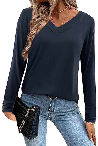 OEM Women's summer long-sleeved V-neck T-shirt Blue XL