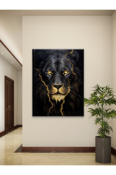 Pikseliart Siyah Aslan Portre Dijital Baskı Altın Detaylı Modern Dekoratif Ka...