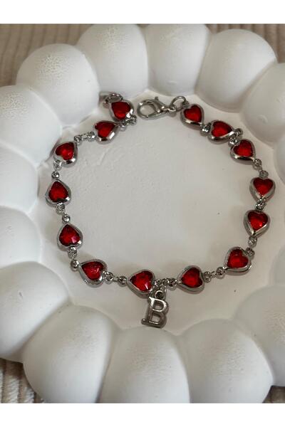 bijoux uniques سوار نسائي بحرف B على شكل قلب أحمر