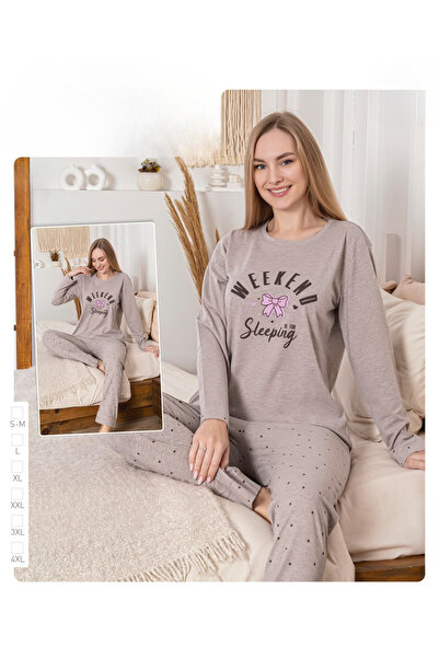 İpek Women's Long Sleeve Crew Neck Polka Dot Pattern Cotton Pajama Set