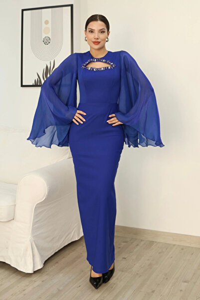 lodmela Decollete Embroidered Cape Sleeve Evening Dress 2349-Saks