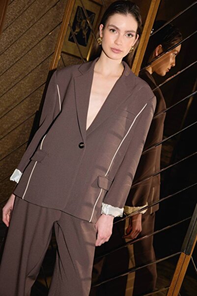 ossons Brown Satin Lining Sleeves Stylish Jacket Pants Two Piece Set