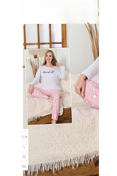 İpek Women's Long Sleeve Crew Neck Heart Pattern Cotton Pajama Set