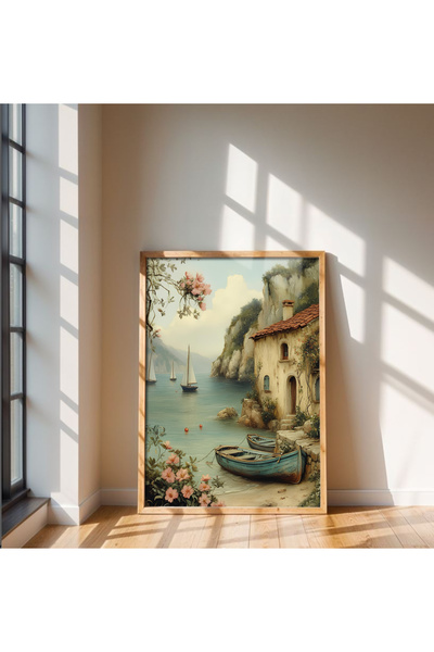 alphobitasarım Akdeniz'in Saklı Kıyı Kasabası - Sulu Boya Görünümlü - Dekorat...