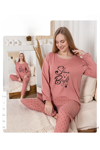 İpek Women's Long Sleeve Crew Neck Heart Pattern Cotton Pajama Set