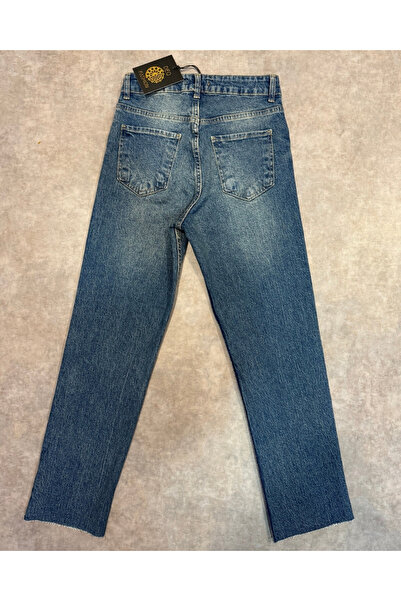 deqfashion Women's Dark Blue Tint Washed High Waist Cut-Out Leg Boyfit Jeans