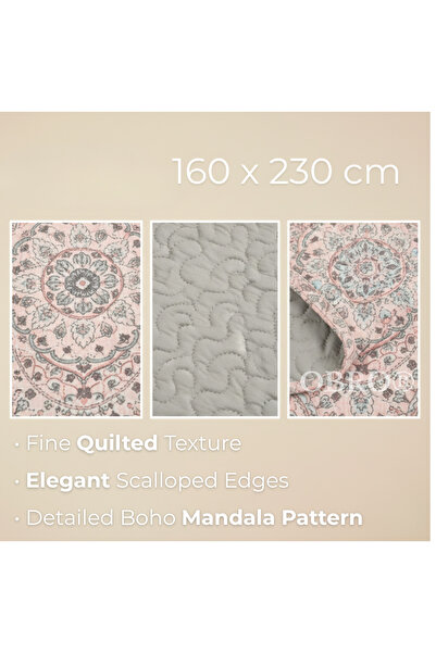 OBRO Reversible Bedspread – Pastel Mandala, Quilted & Durable, for Bed or Sofa, 160×230 cm, Pink / Grey