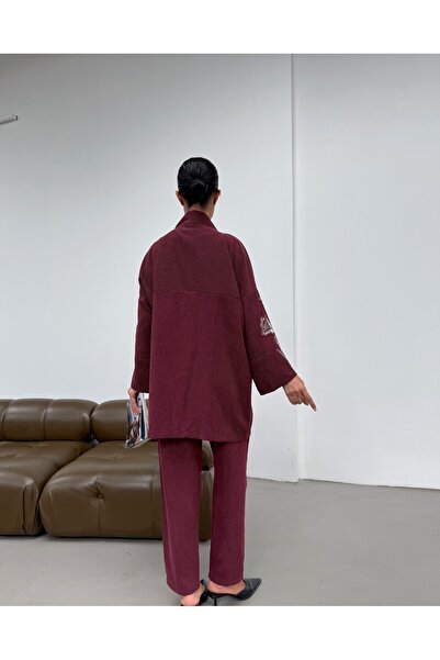 MİA NOURA Women's Kimono with Beaded Front and Sleeves, Velvet Fabric Kimono Pants Set