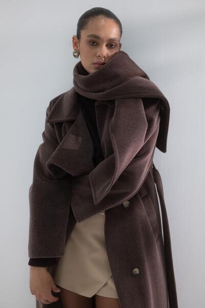 MARKALİSTE Long Cashmere Coat with Scarf Brown
