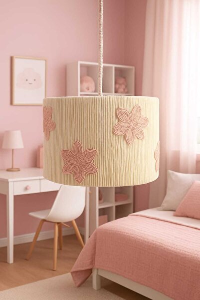 C&A&B KUZEY AVİZE Ekru Makrome Silindir Ip Sargılı Pembe Çiçek Aplikeli Kız Bebek Ve Çocuk Odası Sarkıt Avize