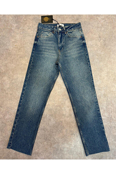 deqfashion Women's Dark Blue Tint Washed High Waist Cut-Out Leg Boyfit Jeans