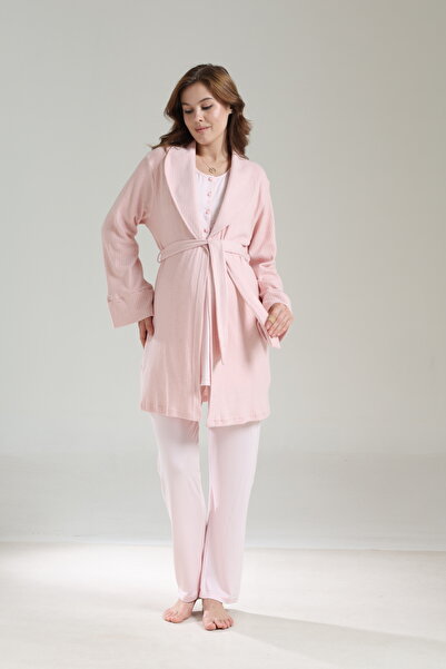 PREGNANT WORLD Women's Pink Special Design Jacquard Shawl Collar Long Sleeve Winter Maternity Pajama Set